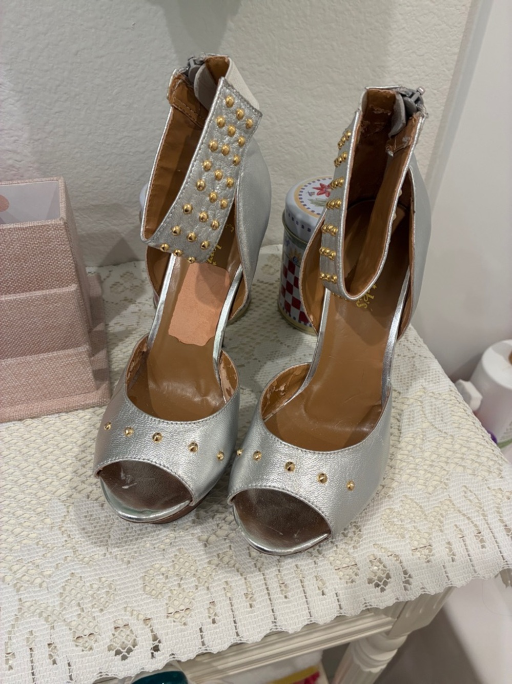 Frederick's of Hollywood Silver  Leather and Gold Studded Peep-Toe Heels